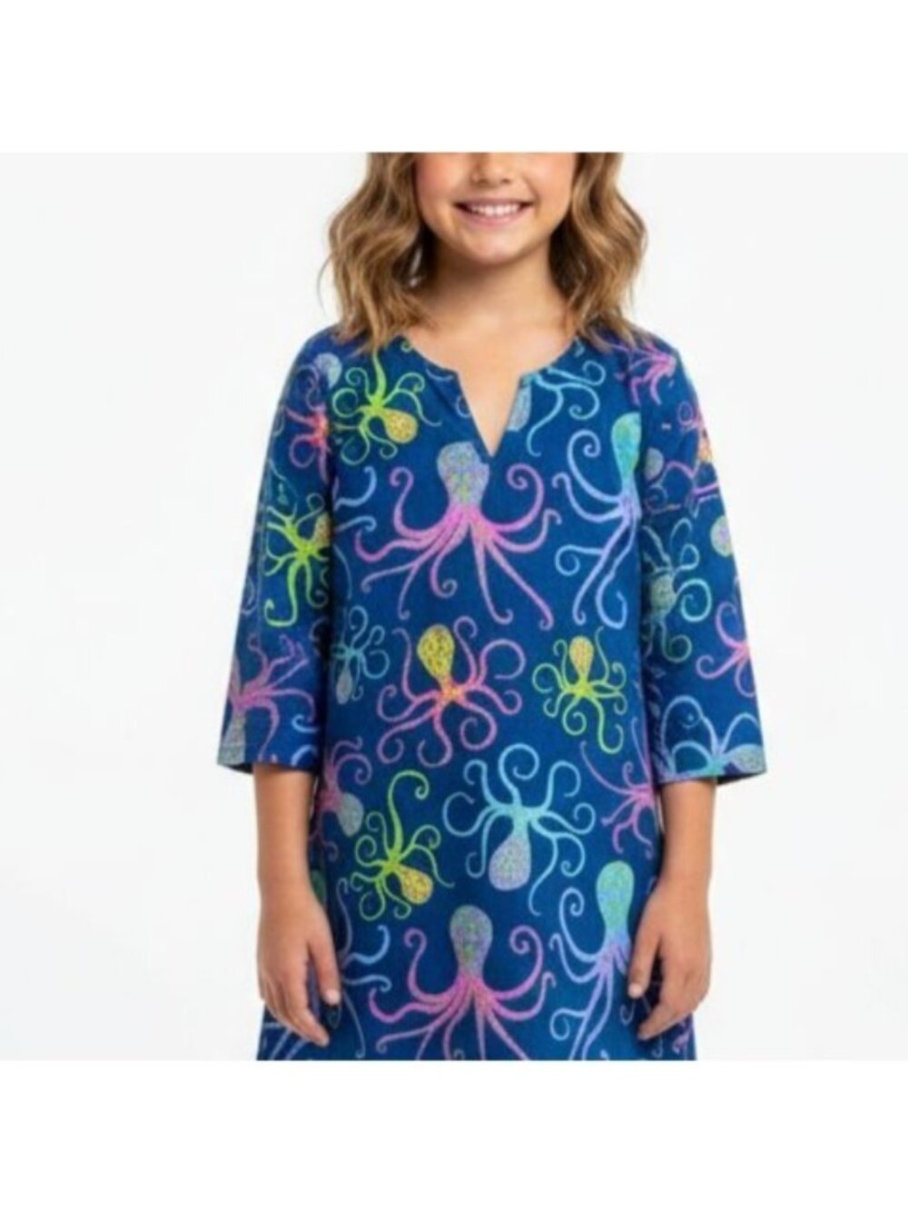 Gretchen Scott Girl Size 10/12 Blue Octopus Cotton Tunic Top Beach Coverup Dress